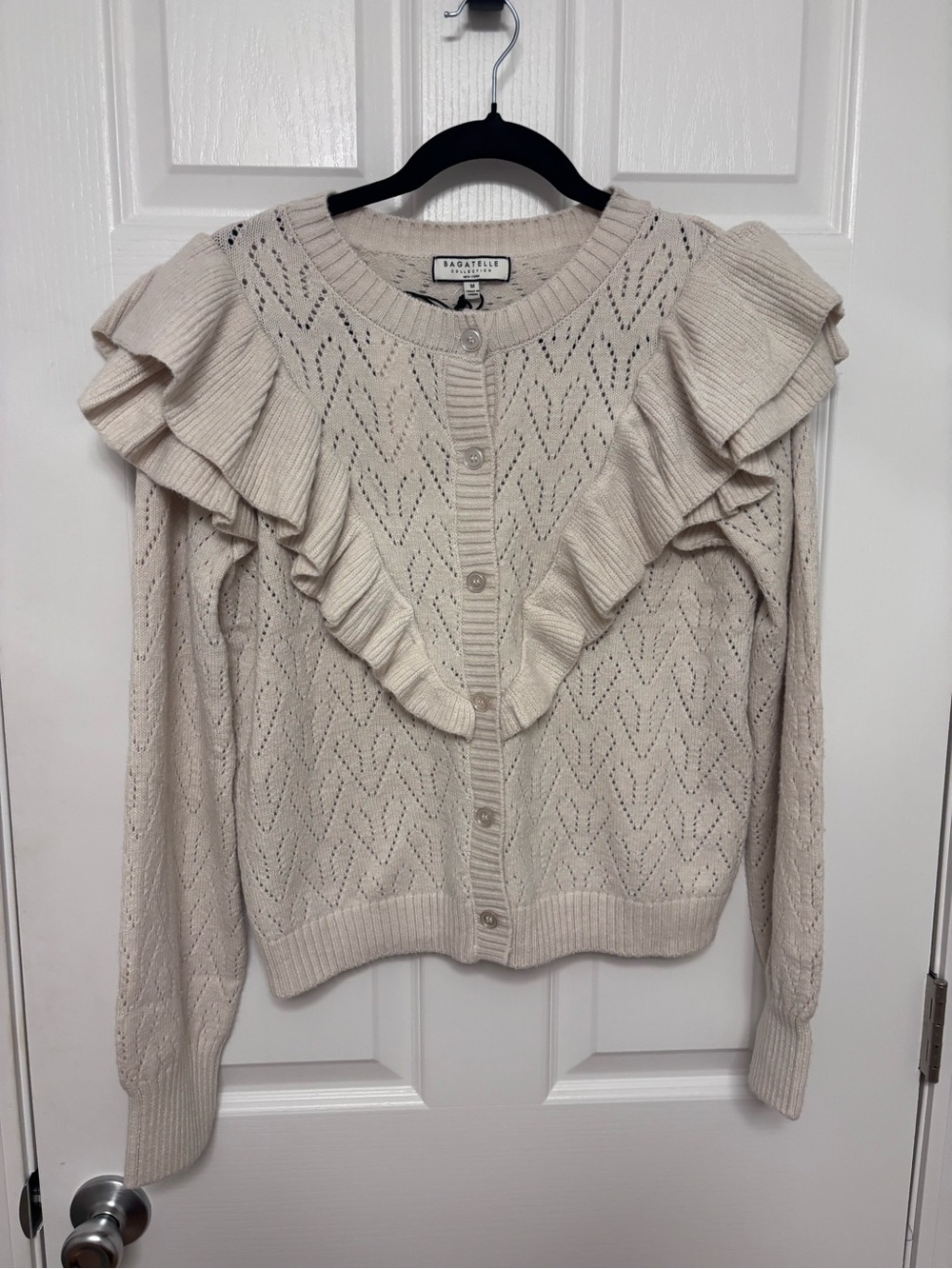 bagatelle Cream Ruffle Pointelle Button Cardigan